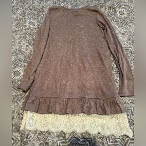 Brown Long Sleeve Top with Lace Trim